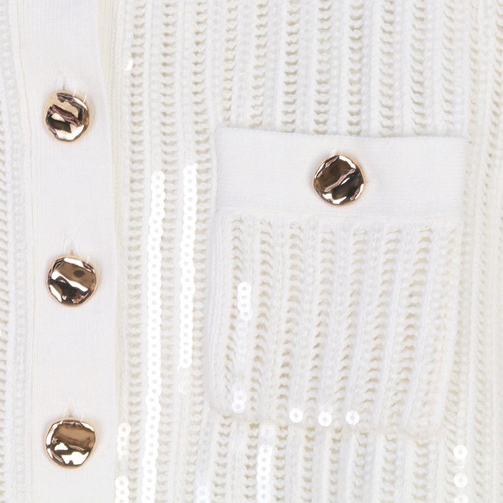 Women's French Sequin A-line Skirt Set with Lapel Metal Buckle and Knitted Hollowed Short Sleeve Cardigan