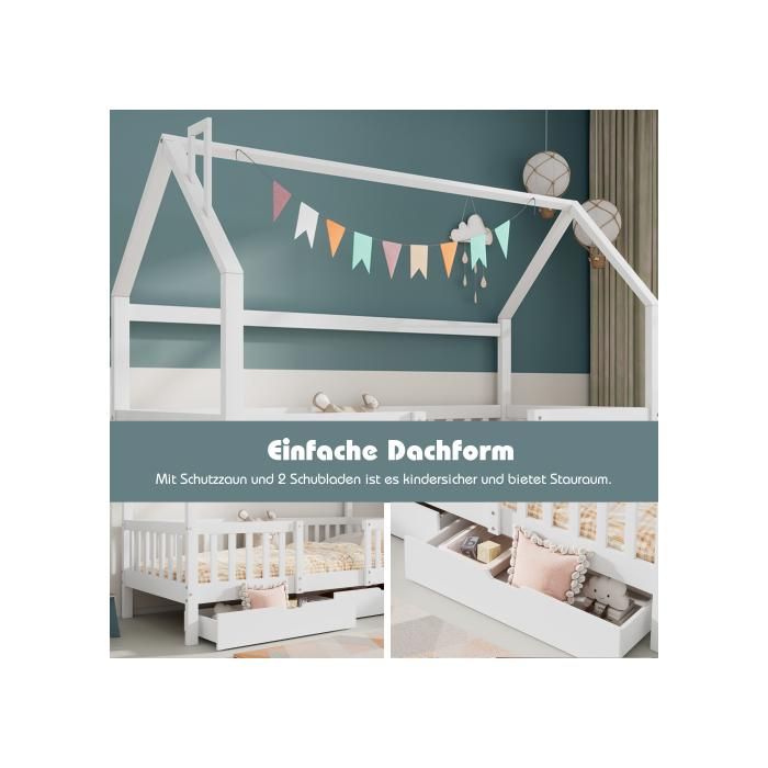 Lit d'enfant Deux tiroirs de rangement Sommier à lattes robuste Lit d'enfant Pine Maison, 90 x 200 cm, sans matelas, blanc