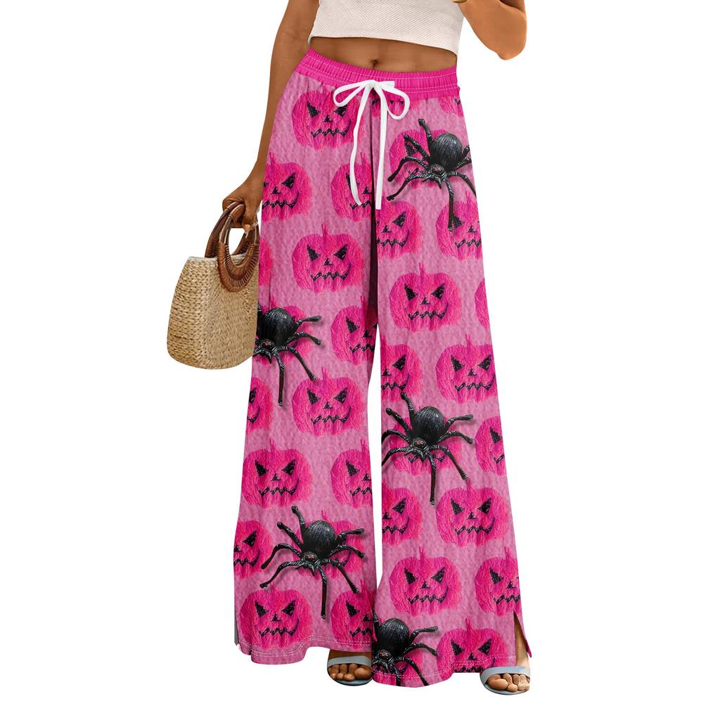 Women Summer Boho Palazzo Pants High Waist Wide Leg Halloween Printing Casual Trousers With Pockets