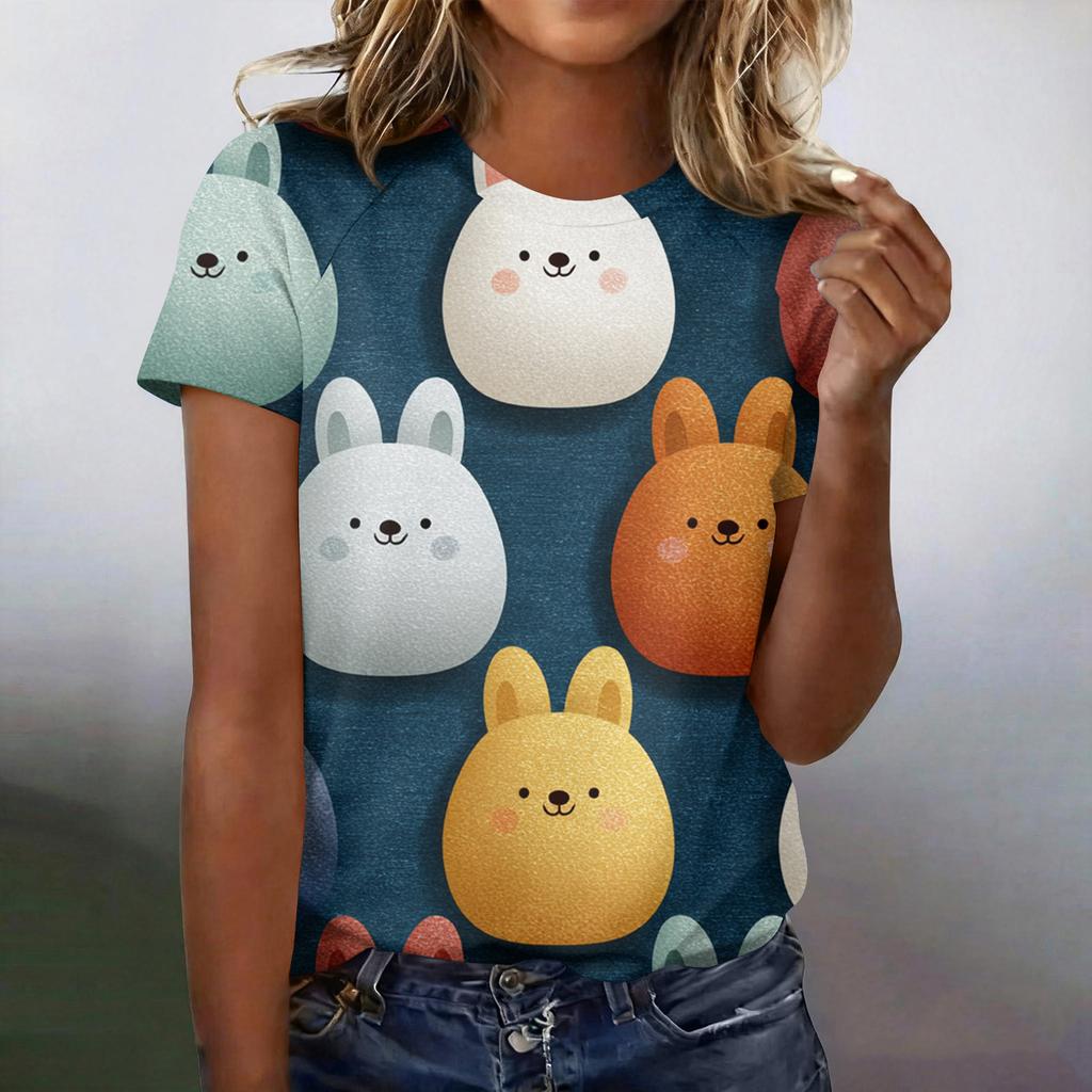 Women's Fashionable Casual Short-Sleeved Raglan Sleeve Easter Print T-Shirt Top