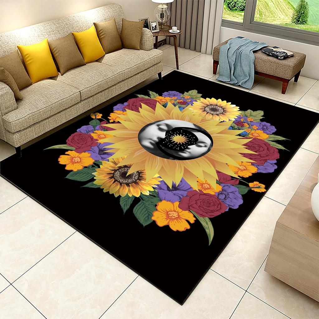 Black Celestial Moon and Stars Pattern Area Rug Phases of The Moon Decor Carpet Modern Astronomy Themed Non-Slip Living Room Rug