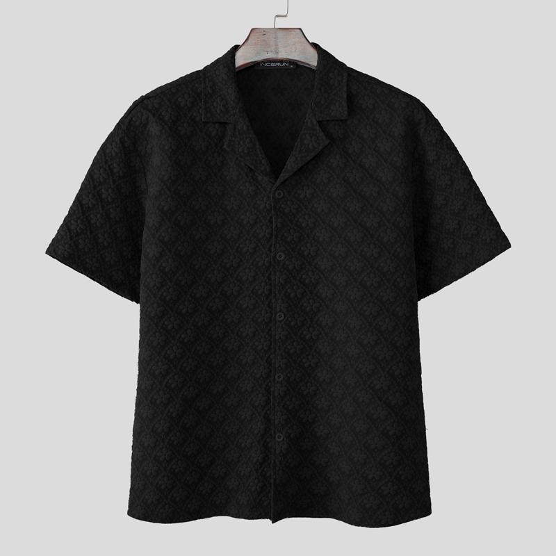 

INCERUN Oversized Men Lapel Neck Short Sleeve Texture Flowers Summer Casual Shirts XL