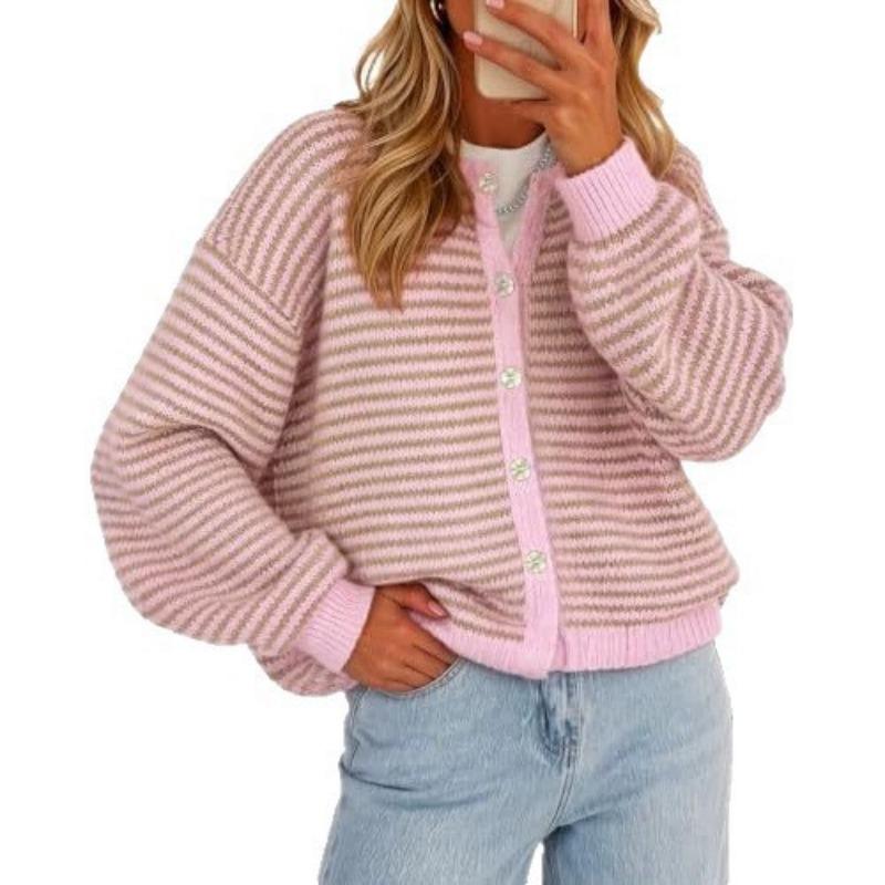 Cardigan lavorato a maglia a righe da donna con scollo rotondo, maglione casual a cappotto