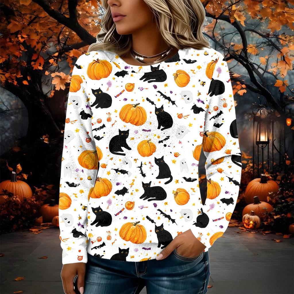 Women's Long Sleeve Flannel Top with Halloween Print for Fall Holiday