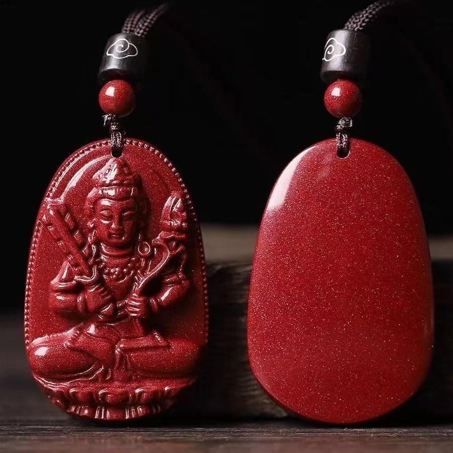 108-Bead Purple Gold Sand Prayer Necklace with Cinnabar Eight Guardian Deities & Birth Year Buddha Amulet