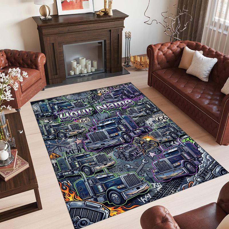 Truck Theme Crystal Velvet Rug Personalized Custom Name Text Soft Floor Mat Home Decor