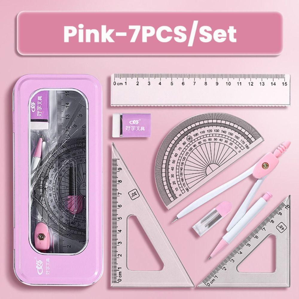 

7шт/набір гумка олівець компас набір прозора вимірювальна лінійка високоякісний інструмент для малювання учні рожевий