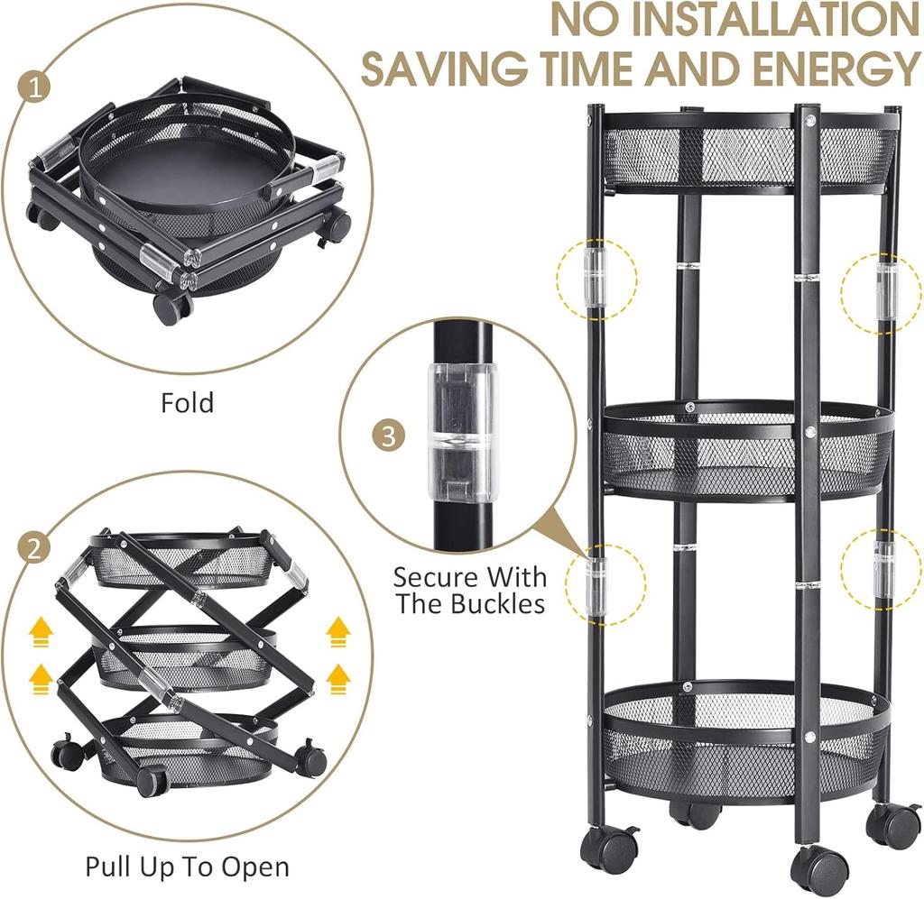 3-Tier Metal Storage Rolling Cart, Collapsible Utility Cart, No Assemble, Multifunction Serving Organizer Trolley with Lockable Wheels for Kitchen
