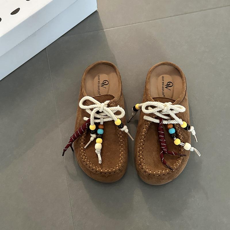 

Retro shoes women s fashion versatile summer new lace-up splicing bag head slippers 40 верблюд