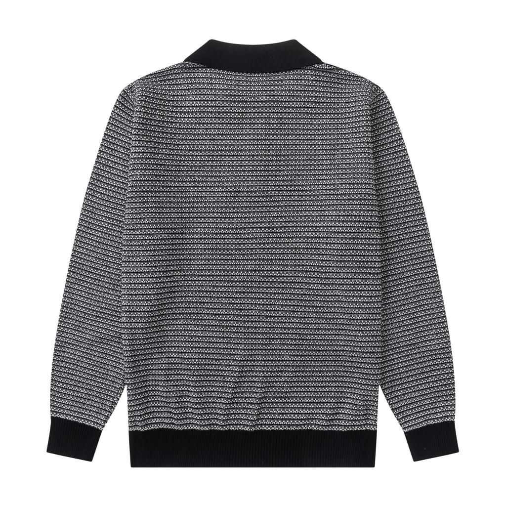 [CHANGE WELL] Men's 2025AW Vintage American Casual Fashion Casual Autumn Clothing Jacquard Knit Long Sleeve Polo Shirt (BLACK, XL)