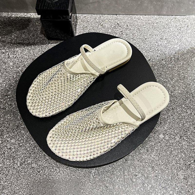 Large Size Flat Bottom Slippers for Women In Summer Fishing Net Socks Water Diamonds Two Pairs of Sandals for Women