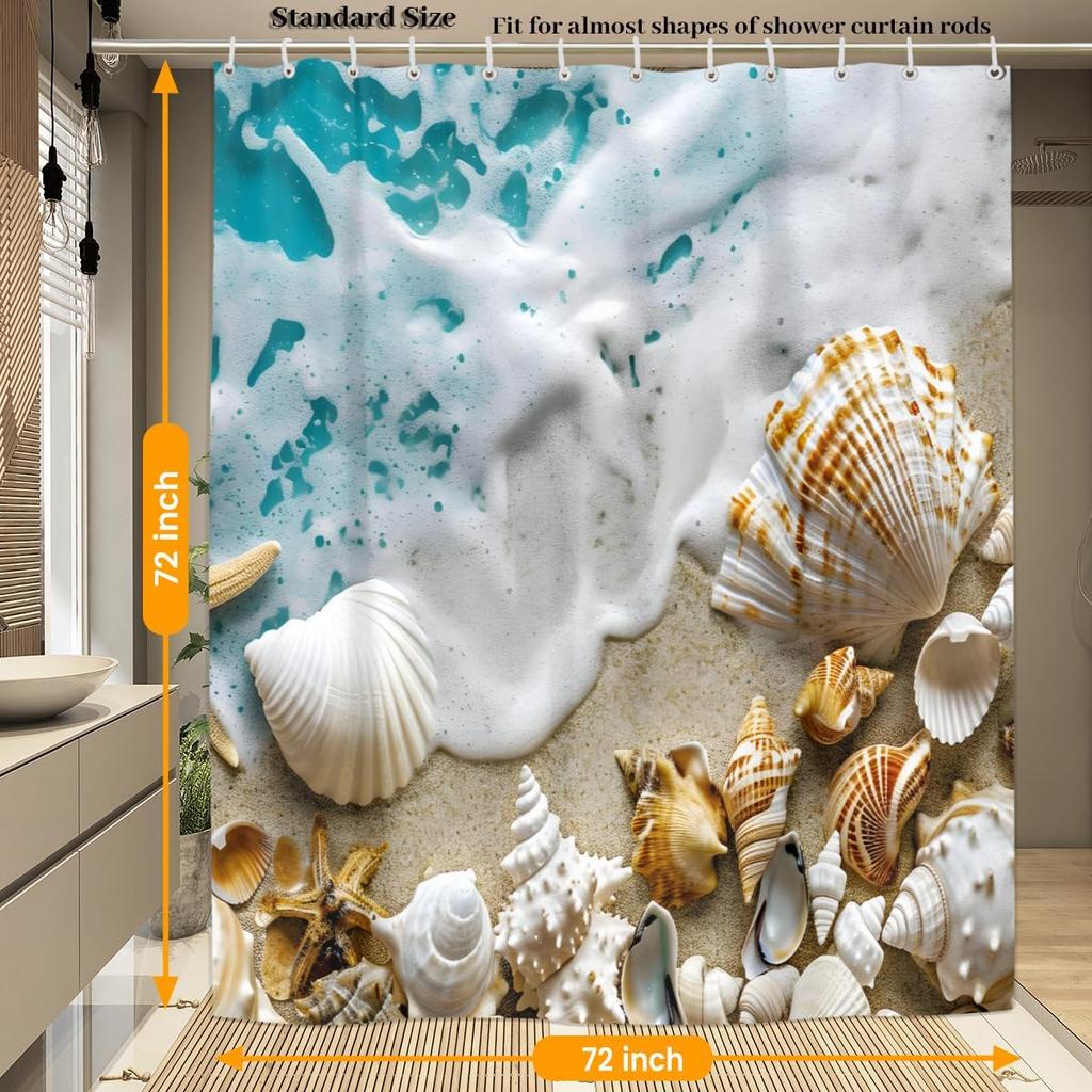 Beach Sea Waves Shell Starfish Shower Curtains 72x72 Inch Snowman Xmas Tree Bathroom Shower Curtain Set with 12 Hooks, Polyester