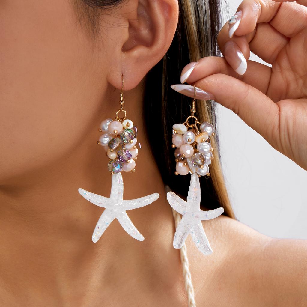 Imitation Perlen Kristall Traubenperlen Hängeohrringe für Damen Weiße Harz Seestern Ohrringe Boho Sommerurlaub Schmuck Geschenk