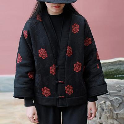 Johnature Winter Women Cotton Linen Jacquard Chinese Buckle Clothes Print Floral Long Sleeve Parkas
