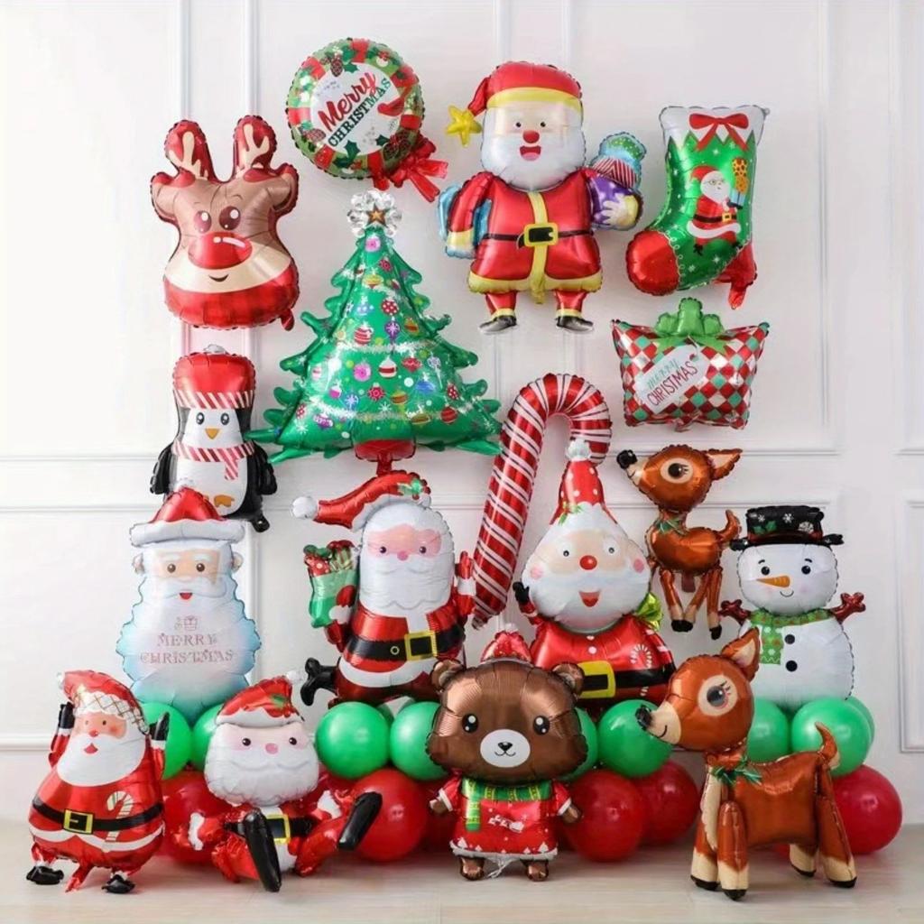 10pcs Mini Cartoon Christmas Balloons, Santa Claus Snowman Sticks, Balloons, Christmas Tree Decorations