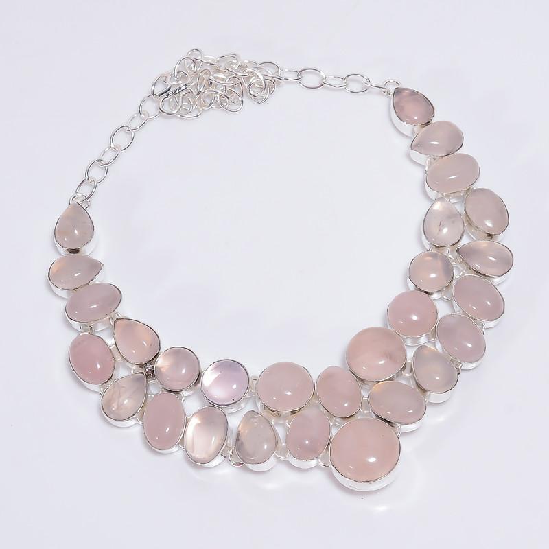 

Excellent Top Grade Qualite 100% Natural Rose Quartz Ethnic Style Handmade Jewelry 925 Steling Silver Plated Necklace 17 WSJ-4779 срібний