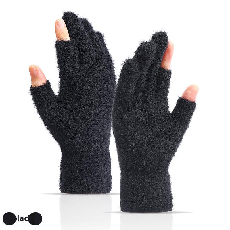 Korean Style Velvet-Lined Warm Two-Finger Writing Gloves for Students