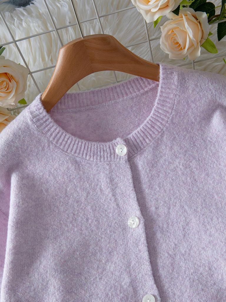 Elegante Damen-Strickjacke mit Knöpfen - Herbst/Winter Unifarbener Rundhals-Pullover