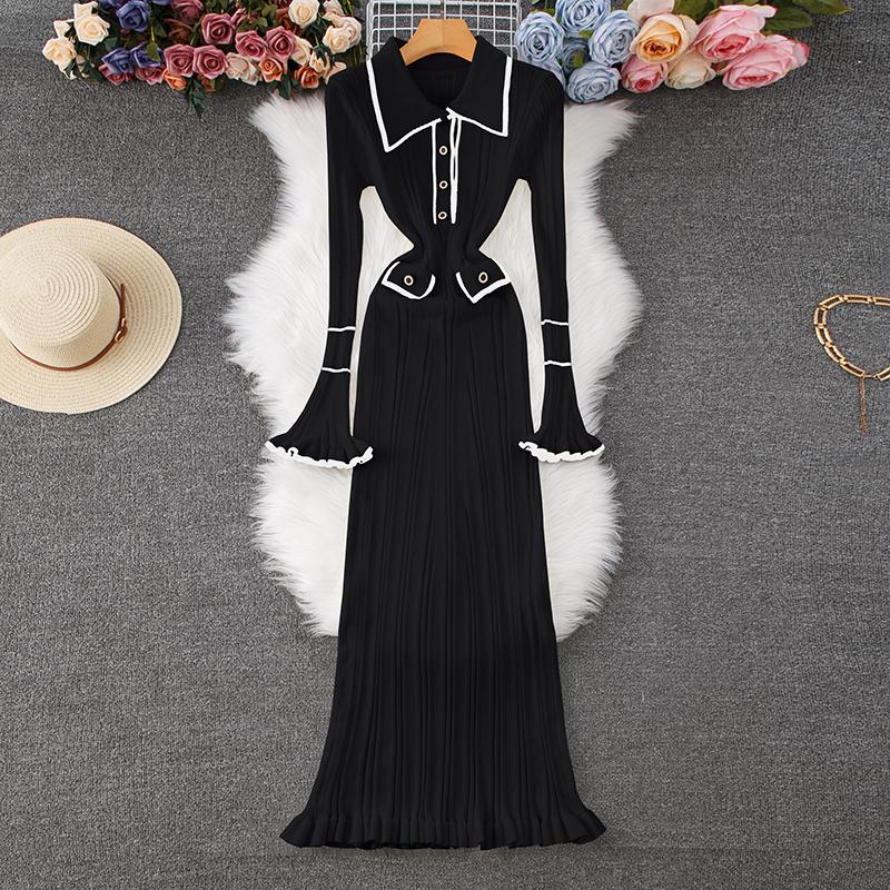 Autumn Winter Women Elegant Turn-down Collar Knitted Sweater Long Maxi Sheath Dresses