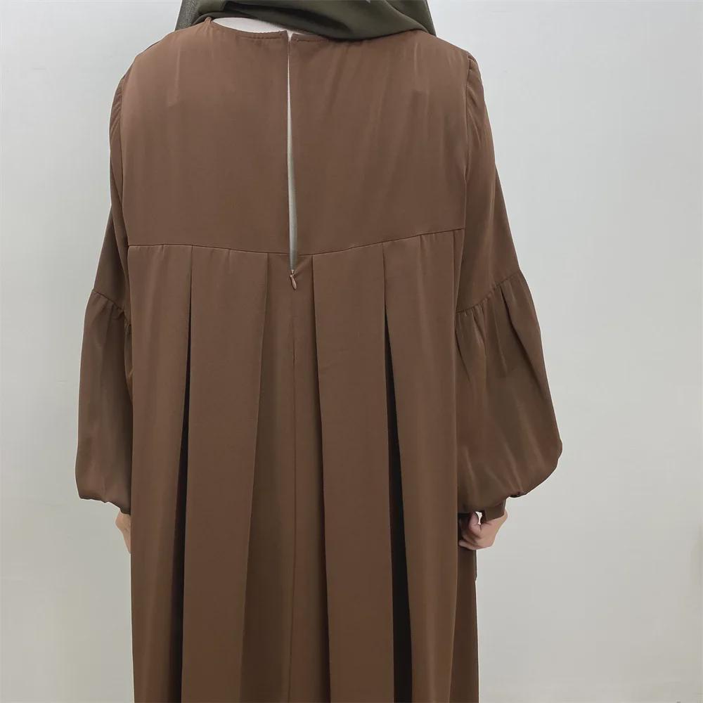 Summer Pleated Solid Color Muslim Abaya with Pockets