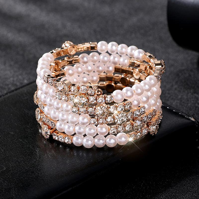 Multilayer Wrapped Pearl Jewelry Bridal Versatile Diamond Set Elastic Pearl Bracelet Bracelet