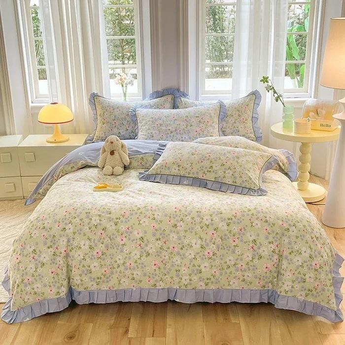 Pink Floral Duvet Cover Set 100% Cotton Korean Style Ruffled Quilt Cover with 2 Pillowcases Skin-friendly Queen Size Bedding Set