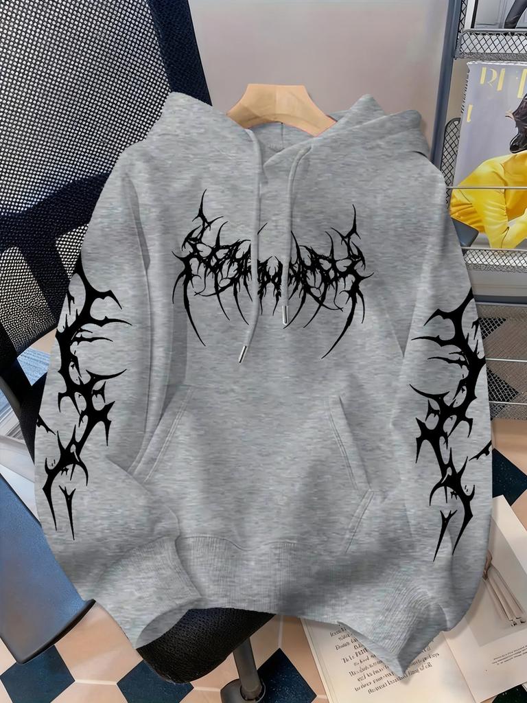 Minimalist Thorns and Spikes Printed Hooded Sweatshirt with Abstract Sharp Art Fonts on the Chest American Street Pullover Hoodie
