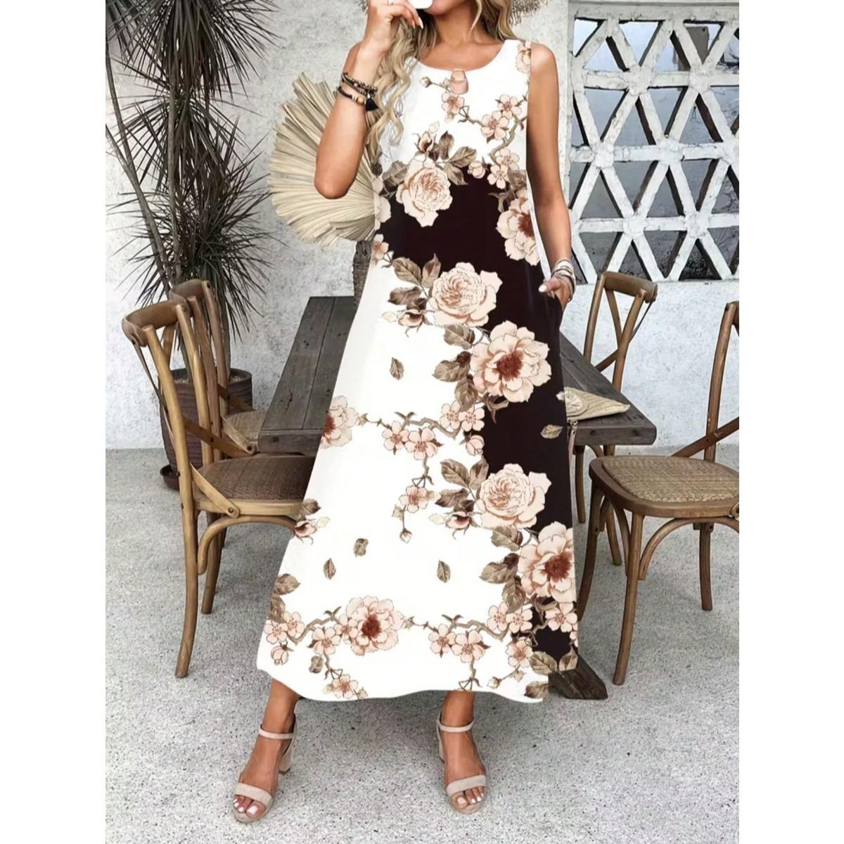 Women s  Spring Summer Sleeveless Long Dress Floral Print With Pockets Elegant Casual Dress S белый