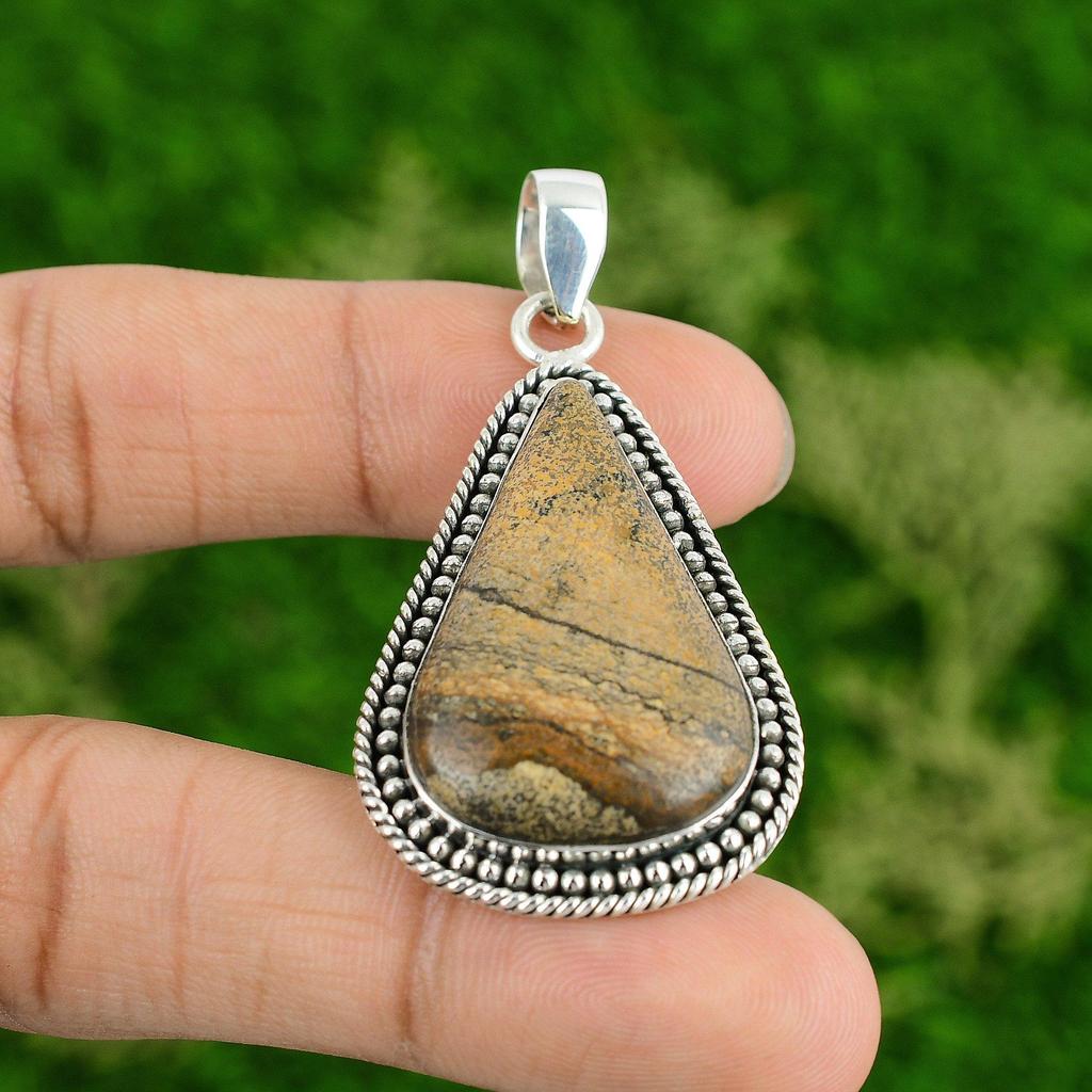 Daughters Day Sale Picture Jasper Gemstone 925 Sterling Silver Pendant Jewelry