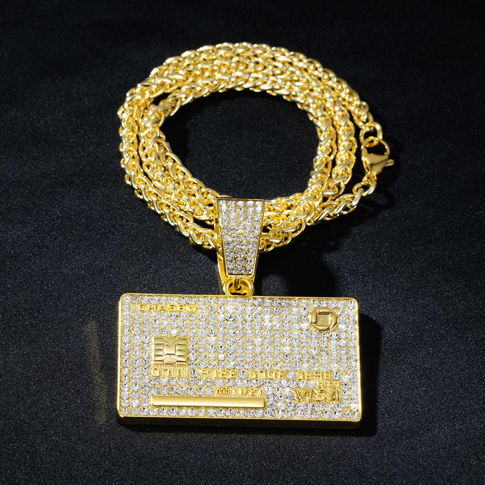 Men's Hip Hop VISA Golden Silvery Card Pendant Necklaces With 5mm 24 Inch Long Chain Credit Card Pendants for Daily Wear Unisex