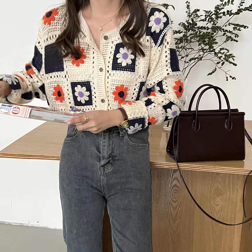 Vår Japansk Söt Ihålig Broderi Blommig Stickad Kofta - Dam Kort Långärmad Tröja Trend