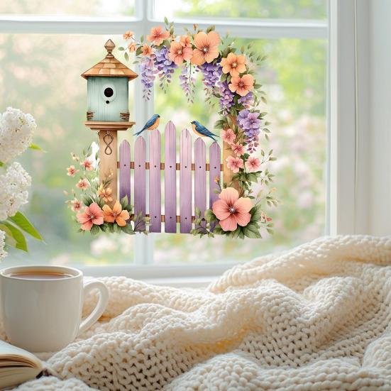 Frühlings-Fensteraufkleber Großer Zaun Vogelhaus Blumen Aufkleber Wiederverwendbar PVC Statische Glasaufkleber für Zuhause Büro Dekoration