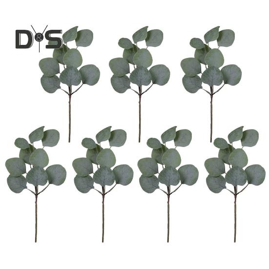 

7 шт., искусственные листья эвкалипта, ветка со стеблем, реалистичные многоразовые искусственные зеленые растения, зелень, украшение для домашнего стола, фото B