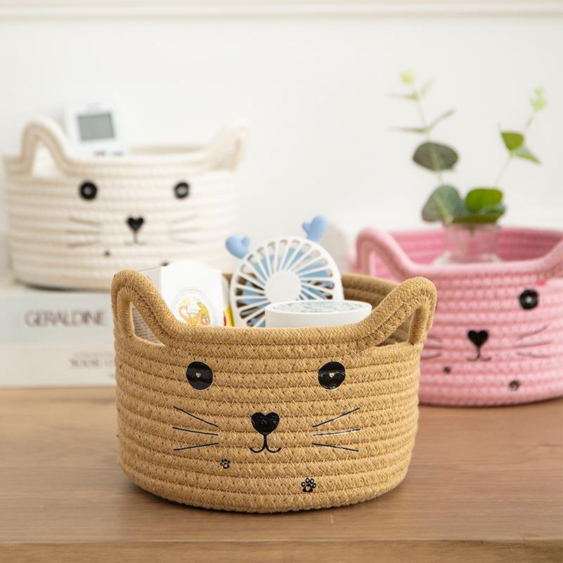 Woven cat rattan cotton thread storage basket, student dormitory desktop sundries sorting box storage basket