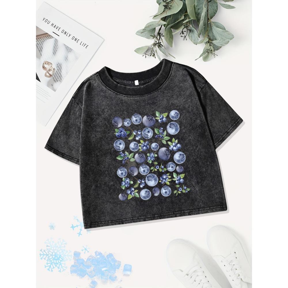 Cotton Crop Tops Womens Fresh Blueberry Fruits Printing Washed T-Shirts Regular Fit O-Neck Streetwear Y2K Clothes