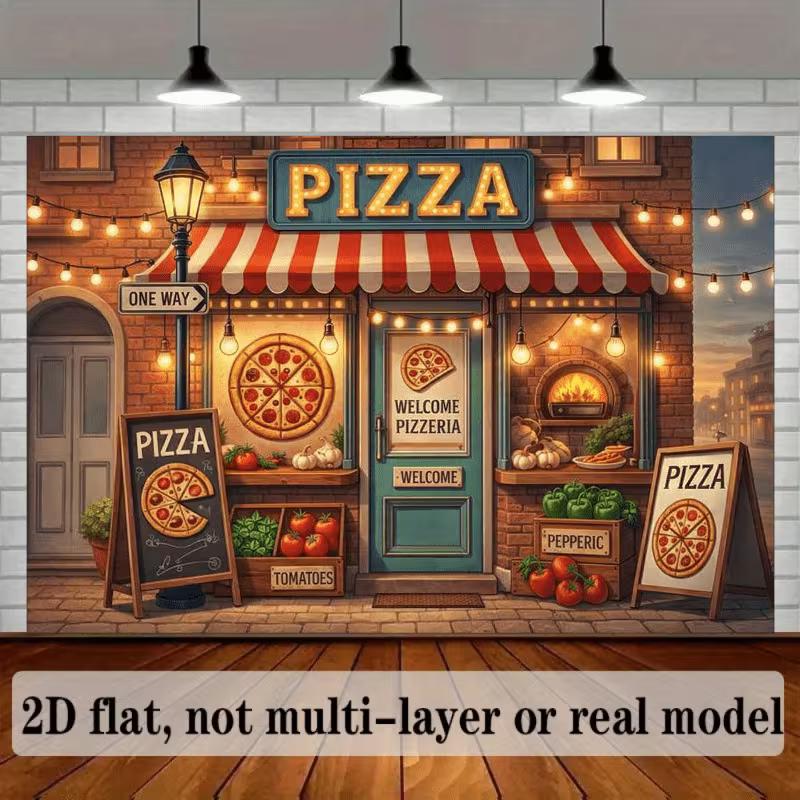 2D Vintage Pizza Shop Backdrop Pizzeria Street View Photography Background Banner