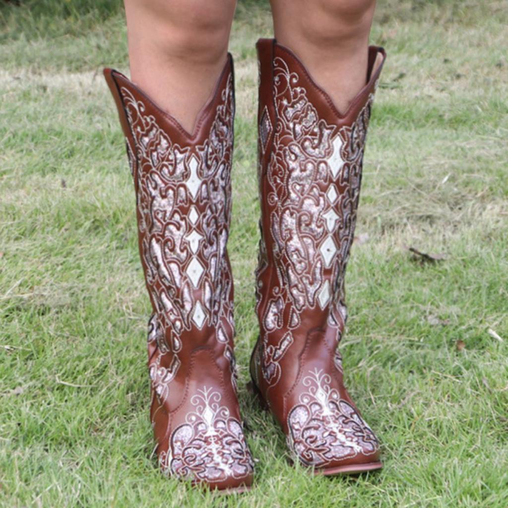 For Women Low Western Rhinestone Heel Boots High Rodeo Knee Studded Extra Wide Calf Boots for Women plus Size Leather