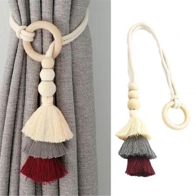 2 Pack Cotton Rope Curtain Holdbacks Ties Decorative Drapery Clip With Fringe and Wooden Beads for Living Room Decors