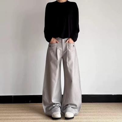 Hong Kong Style Old Money Style High Sense Retro Front Plug Design Sense Button Wide Leg Casual Pants Loose Scimitar Trousers Men's Clothing