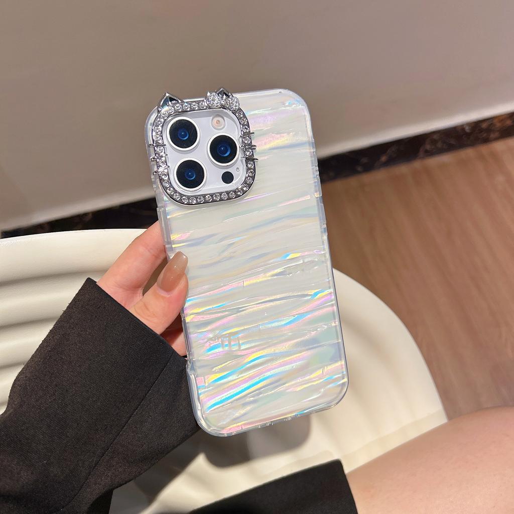 Luxus Laser Glitzer Glänzendes Muschelmuster Strass Katze Katzenohr Handyhülle für iPhone 17 Pro Max 16 15 14 13 Schutzhülle