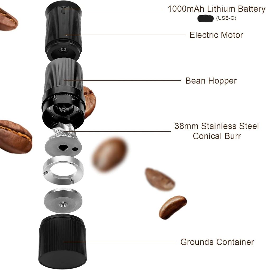 Bärbar elektrisk uppladdningsbar kaffebönkvarn med koniskt justerbart inställningssystem i rostfritt stål, kvarn med ett klick