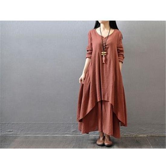 Women's Solid Color Long Sleeves V-neck Elegant Retro Cotton and Linen Long Dress