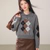 ZOSOUL Women's Long-Sleeve Argyle Polo-Collar Knit Sweater