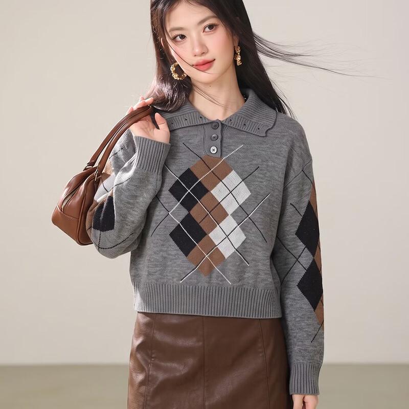 ZOSOUL Women's Long-Sleeve Argyle Polo-Collar Knit Sweater