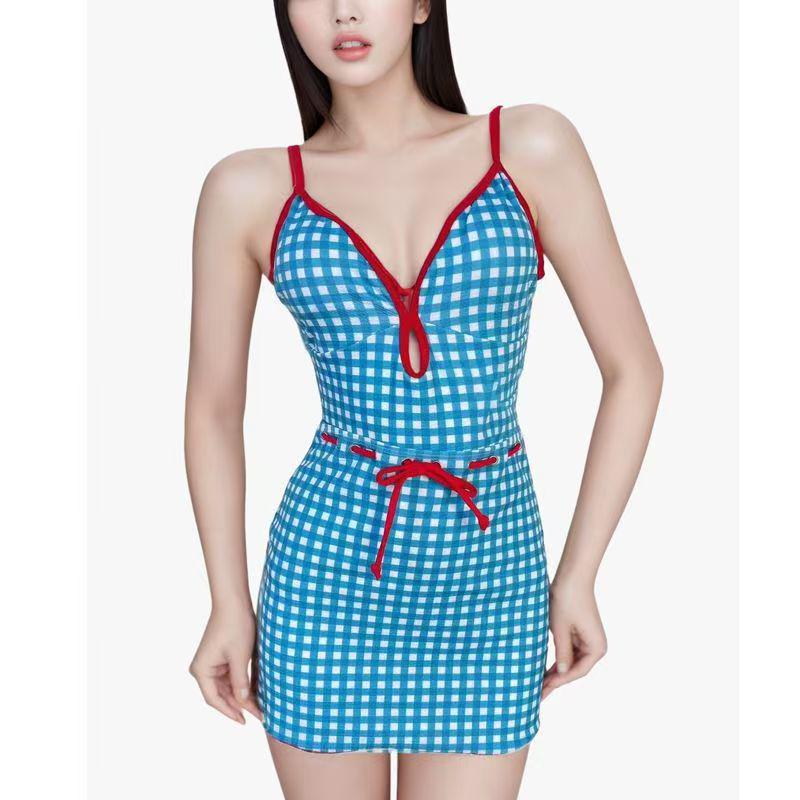 French Blue Gingham Retro Slimming Tie-Up One-Piece Swimsuit