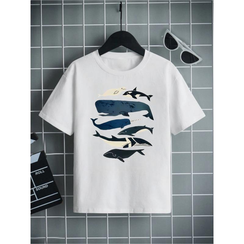 European Sizes Children's Science Popularization Style Pure Cotton Short-Sleeve T-Shirt, Whale Family Print, Casual Top for Boys