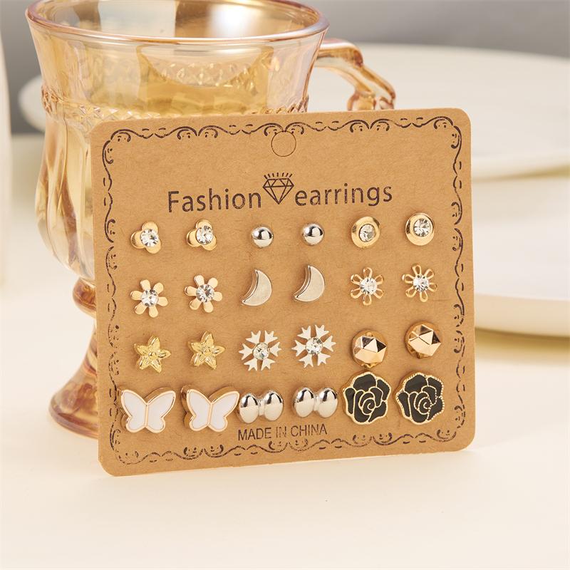 12 Pairs Combination Stud Earrings For Women Girl Moon Star Flower Pearl Zircon Heart Mini Earring Party Personality Jewelry