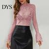Camicie da Donna Casual Top Collo Alto Manica Lunga Svasata Vestibilità Aderente Camicia Colore Unico Trasparente Ricamo Intrecciato Motivo Floreale Camicette