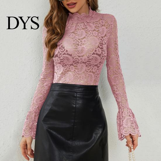 Camicie da Donna Casual Top Collo Alto Manica Lunga Svasata Vestibilità Aderente Camicia Colore Unico Trasparente Ricamo Intrecciato Motivo Floreale Camicette