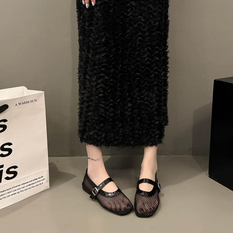Fashion Weaving fishing net hollow ballet shoes for women in summer 2025, flat mesh mesh Mary Jane shoes, minimalist sandals